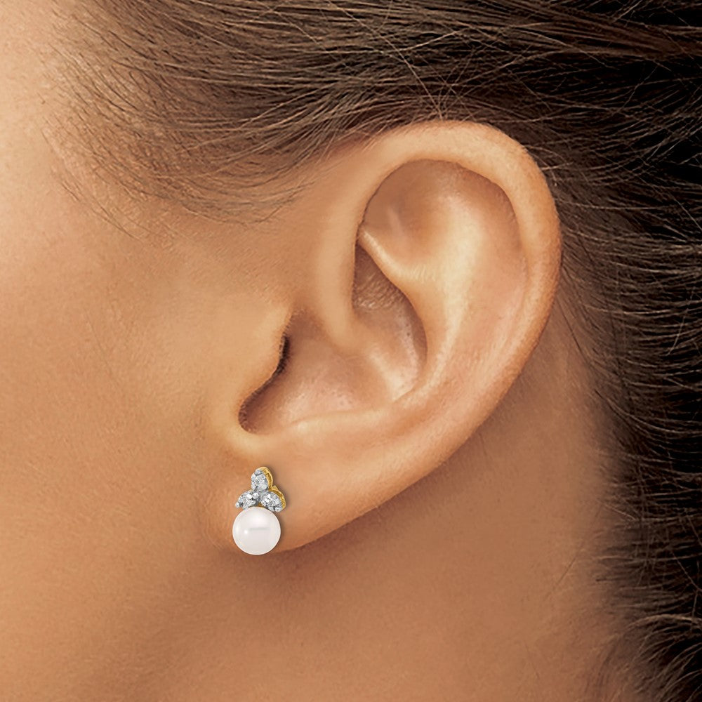 14K 5-6mm Round White FWC Pearl and .06ct Diamond Post Earrings