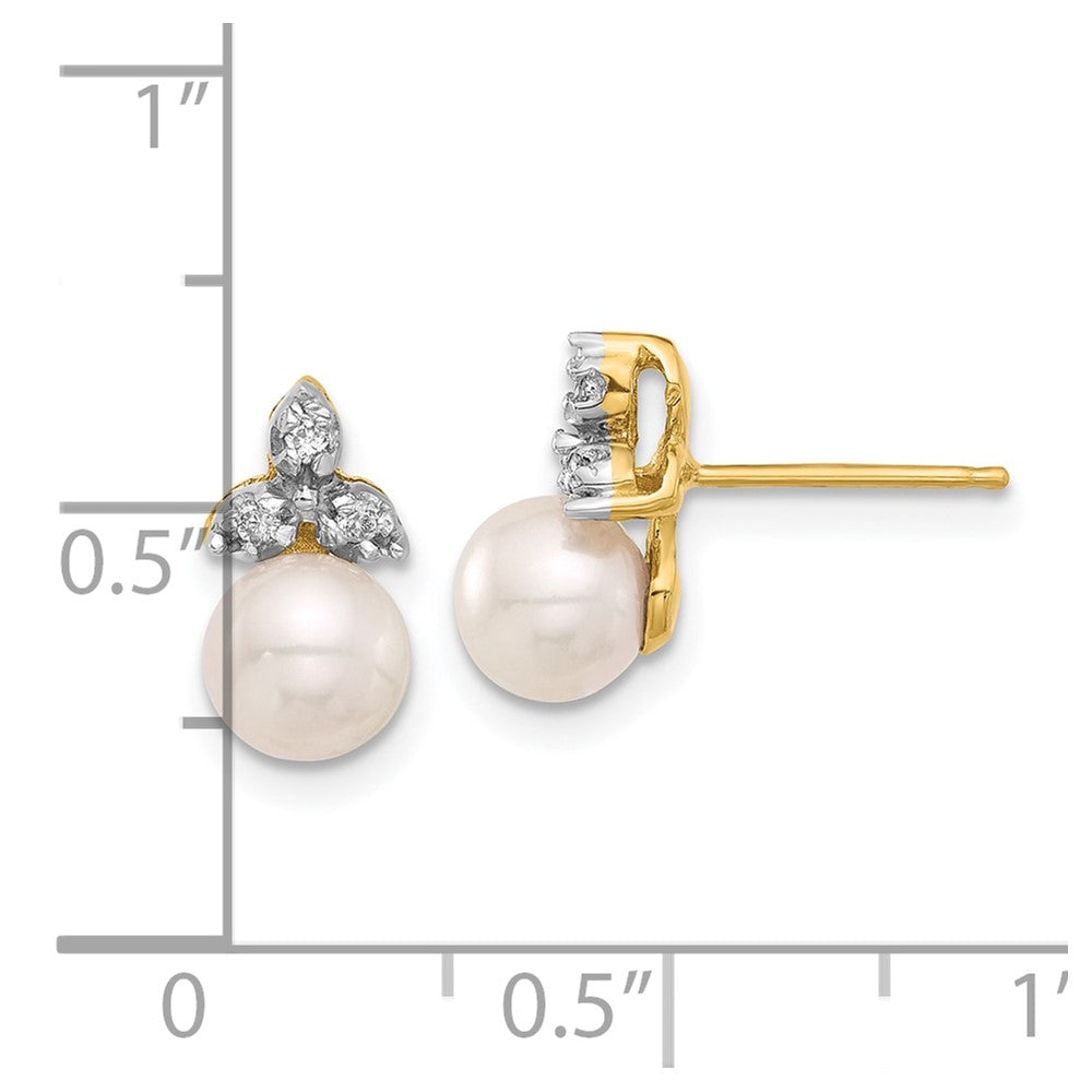 14K 5-6mm Round White FWC Pearl and .06ct Diamond Post Earrings