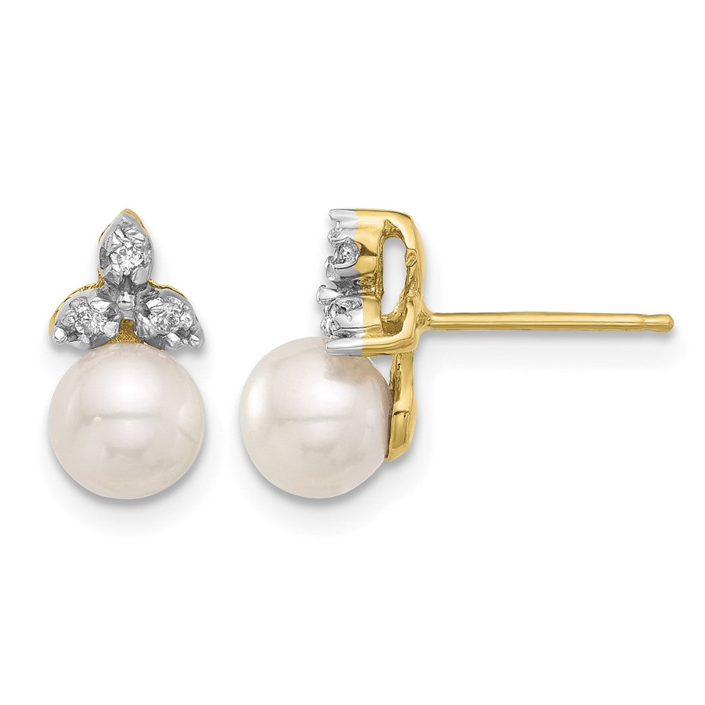 14K 5-6mm Round White FWC Pearl and .06ct Diamond Post Earrings