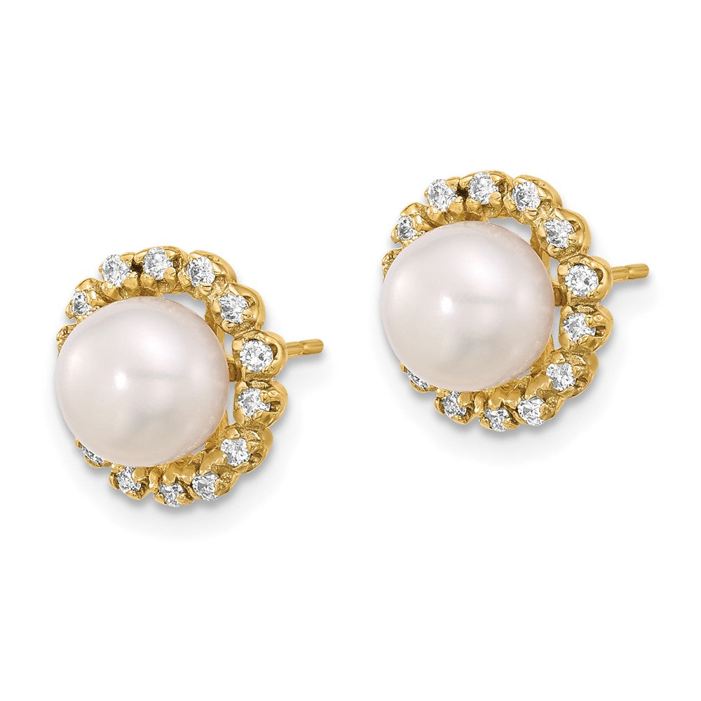 14K 7-8mm Button Freshwater Cultured Pearl and .28ct Dia Post Earrings
