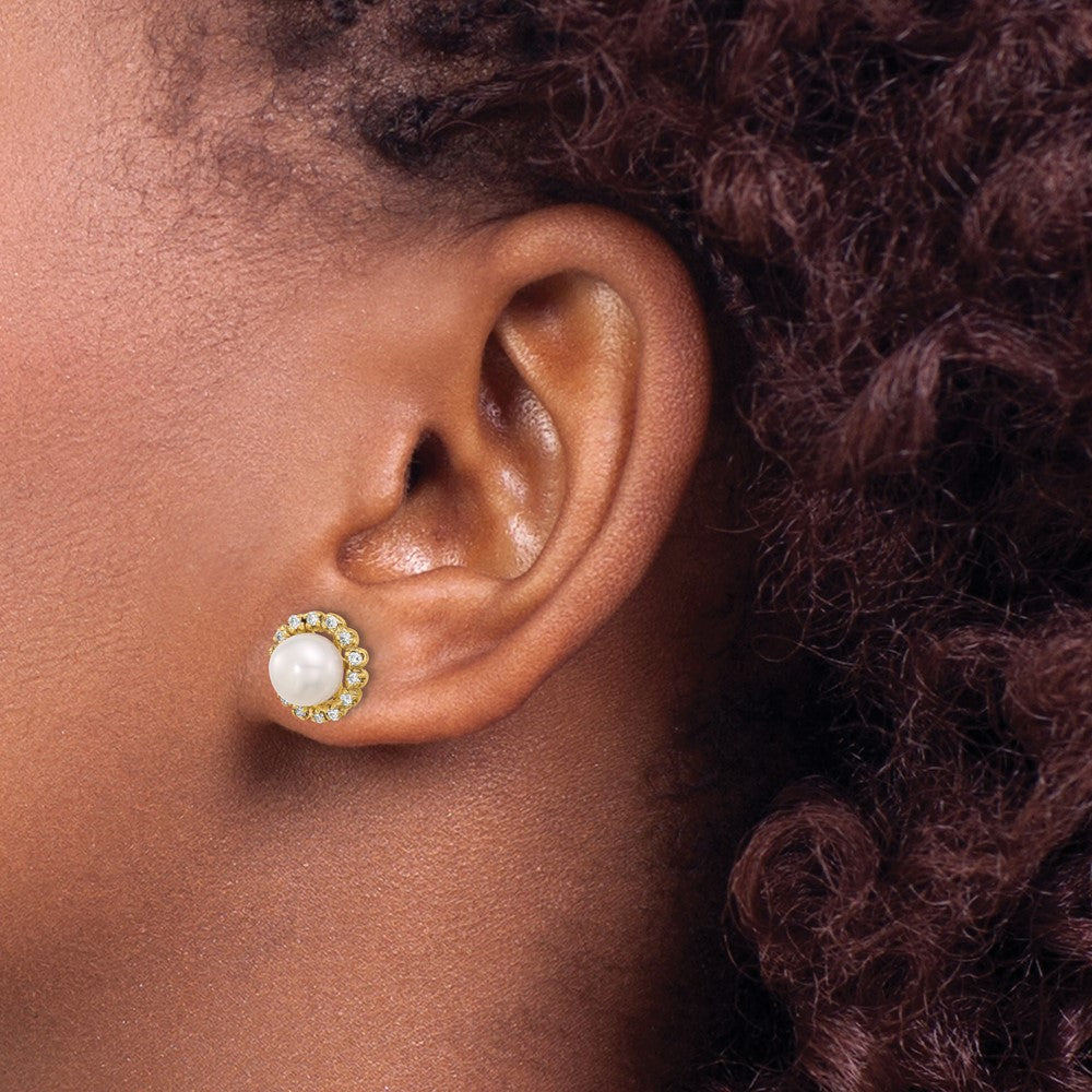 14K 7-8mm Button Freshwater Cultured Pearl and .28ct Dia Post Earrings