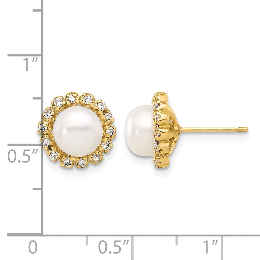 14K 7-8mm Button Freshwater Cultured Pearl and .28ct Dia Post Earrings