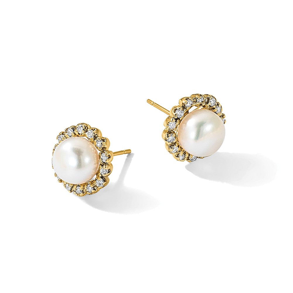 14K 7-8mm Button Freshwater Cultured Pearl and .28ct Dia Post Earrings