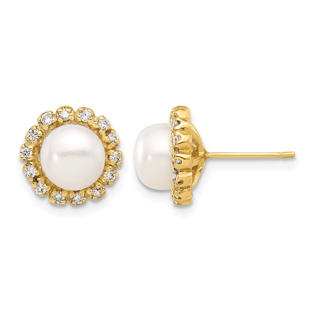14K 7-8mm Button Freshwater Cultured Pearl and .28ct Dia Post Earrings