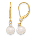 14K 7-8mm Round White FWC Pearl and .10ct Diamond Leverback Earrings