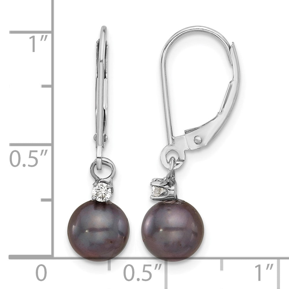 14K White Gold 7-8mm Round Black FWC Pearl .10ct Dia Dangle Earrings
