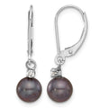 14K White Gold 7-8mm Round Black FWC Pearl .10ct Dia Dangle Earrings