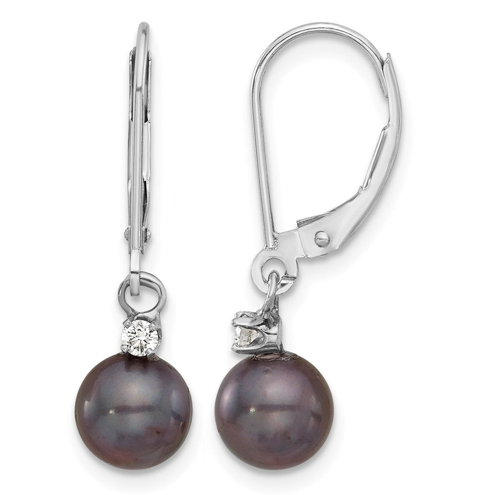 14K White Gold 7-8mm Round Black FWC Pearl .10ct Dia Dangle Earrings