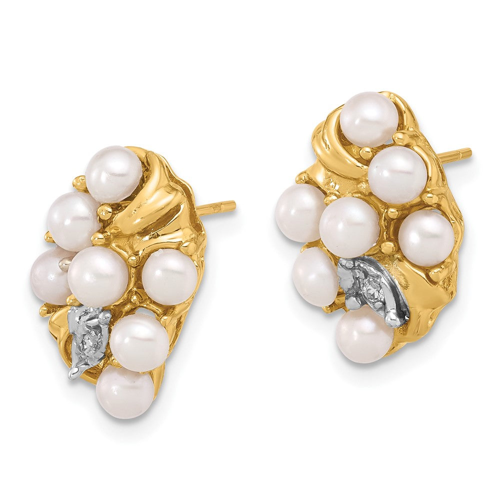 14K 3-4mm Button White FWC Pearl and .02ct Diamond Post Earrings