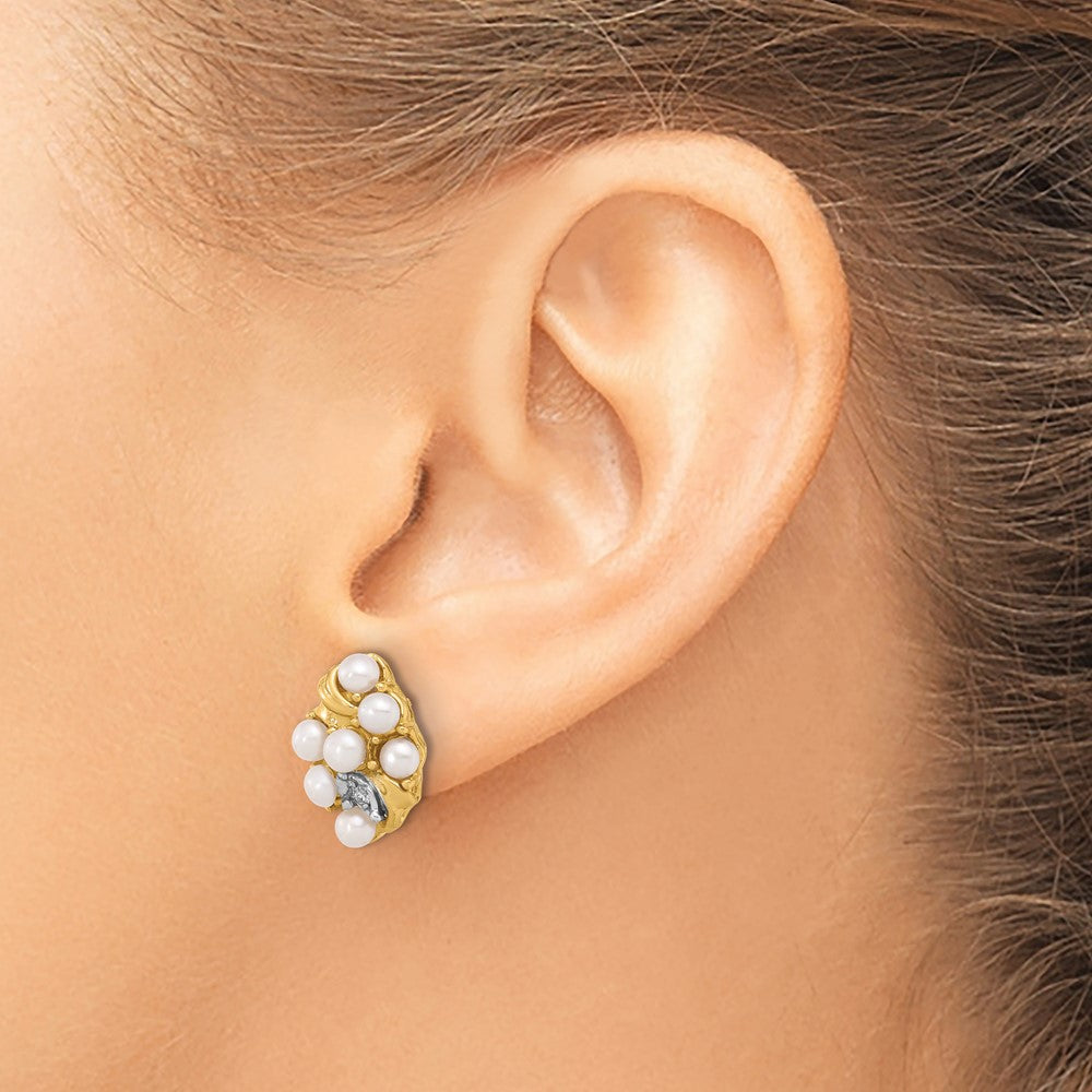14K 3-4mm Button White FWC Pearl and .02ct Diamond Post Earrings