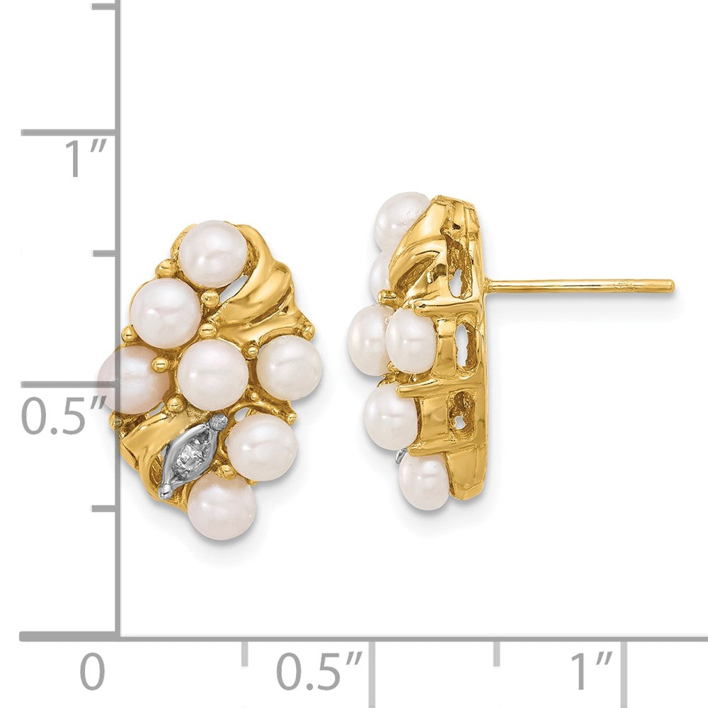 14K 3-4mm Button White FWC Pearl and .02ct Diamond Post Earrings