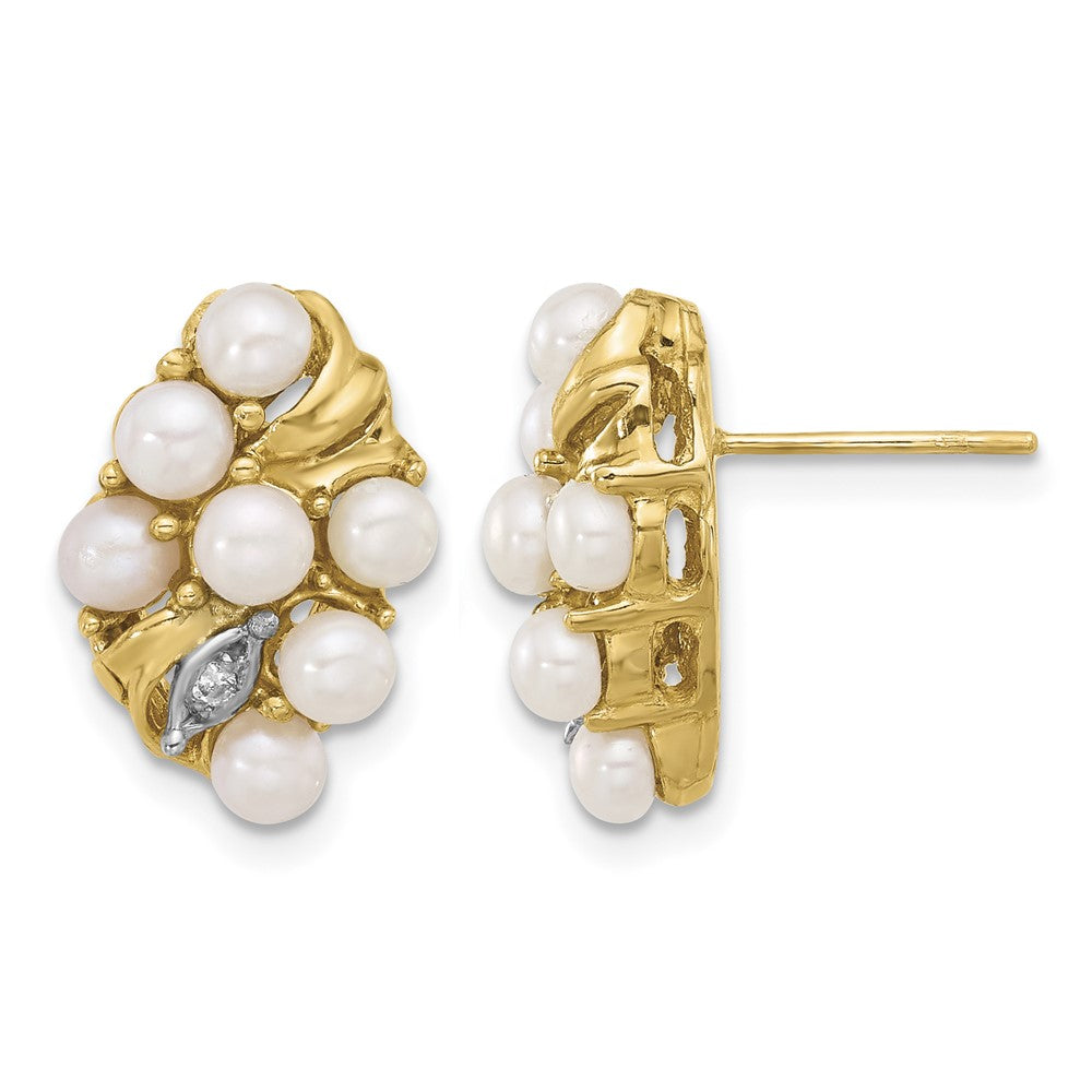 14K 3-4mm Button White FWC Pearl and .02ct Diamond Post Earrings