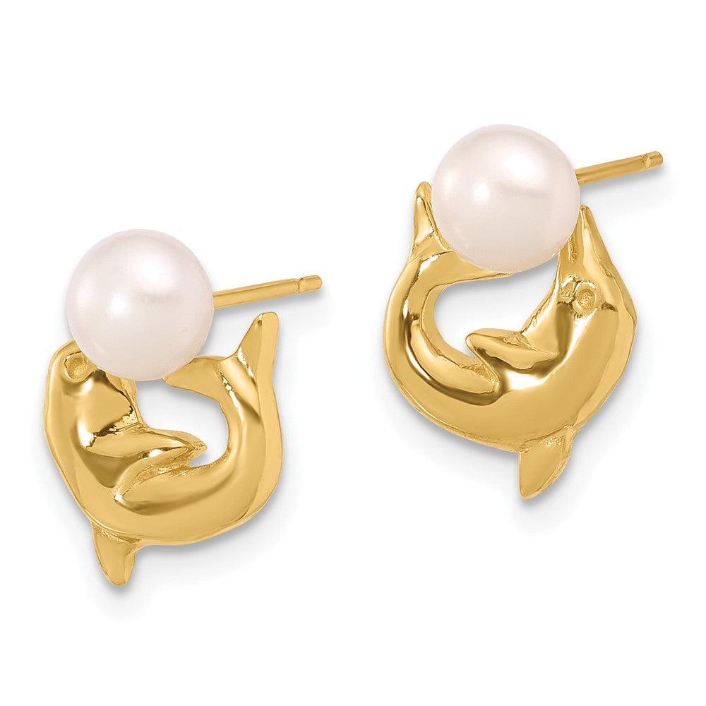 14K 5-6mm Button White FWC Pearl Dolphin Post Earrings