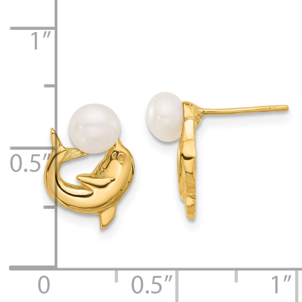 14K 5-6mm Button White FWC Pearl Dolphin Post Earrings