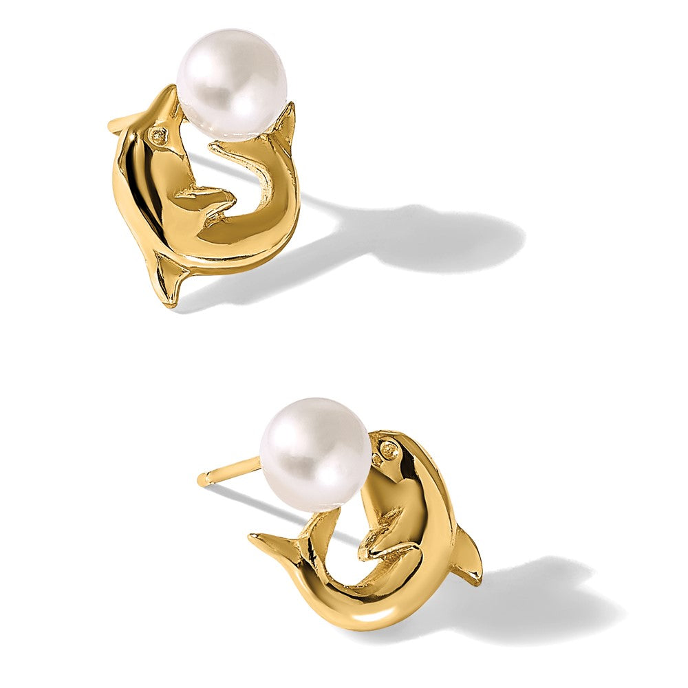 14K 5-6mm Button White FWC Pearl Dolphin Post Earrings