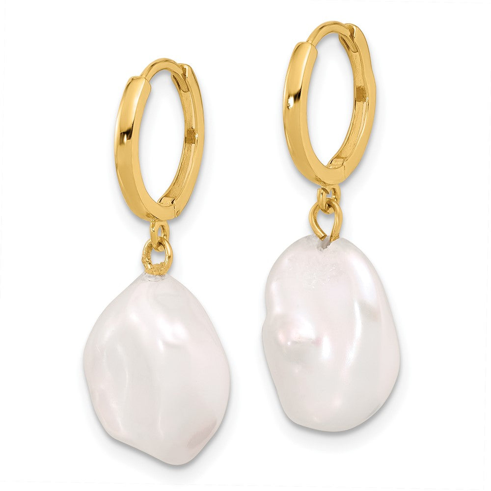 14K 11-12mm White Keshi Freshwater Cultured Pearl Dangle Hoop Earrings
