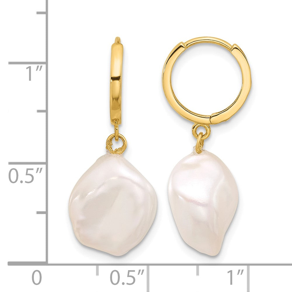 14K 11-12mm White Keshi Freshwater Cultured Pearl Dangle Hoop Earrings
