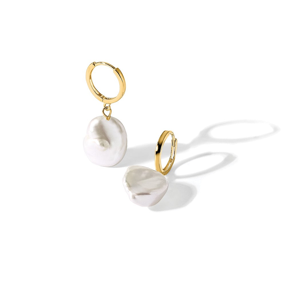 14K 11-12mm White Keshi Freshwater Cultured Pearl Dangle Hoop Earrings