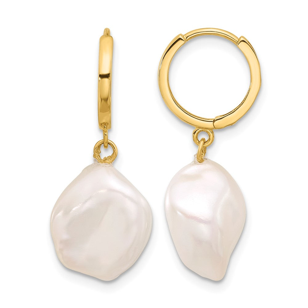 14K 11-12mm White Keshi Freshwater Cultured Pearl Dangle Hoop Earrings