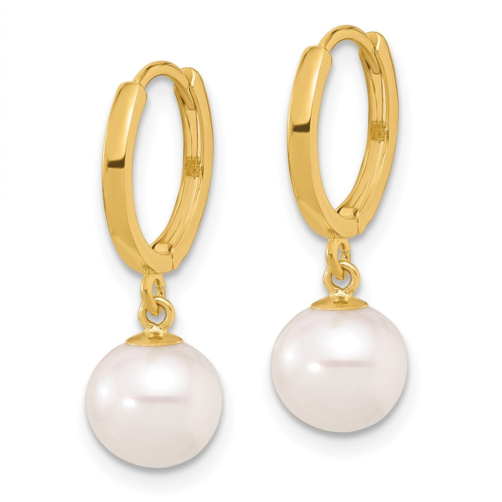 14K 7-8mm Round Freshwater Cultured Pearl Dangle Hoop Earrings