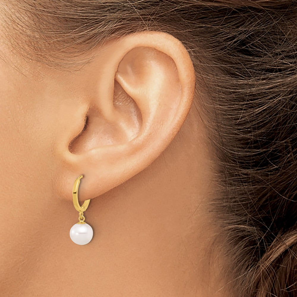 14K 7-8mm Round Freshwater Cultured Pearl Dangle Hoop Earrings