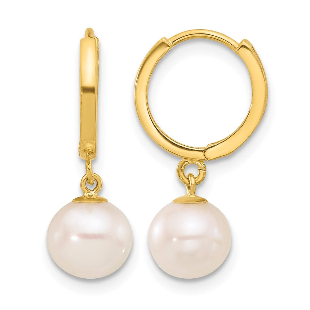 14K 7-8mm Round Freshwater Cultured Pearl Dangle Hoop Earrings