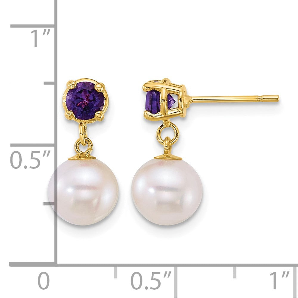 14k 7-8mm Round White FWC Pearl and Amethyst Post Dangle earrings