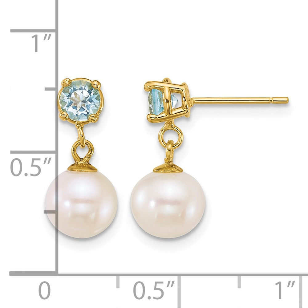 14k 7-8mm Rnd Wht FWC Pearl and Blue Topaz Post Dangle Earrings