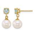 14k 7-8mm Rnd Wht FWC Pearl and Blue Topaz Post Dangle Earrings