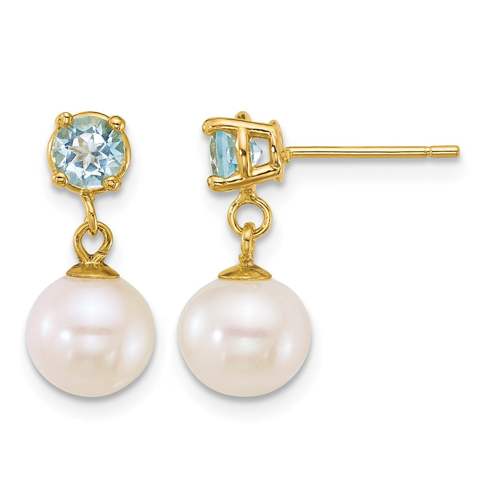 14k 7-8mm Rnd Wht FWC Pearl and Blue Topaz Post Dangle Earrings