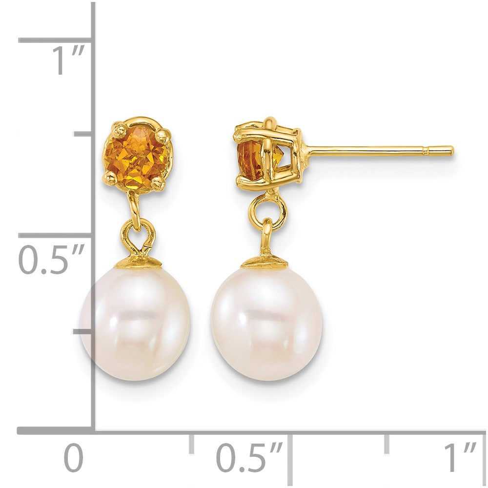 14k 7-8mm Round White FWC Pearl and Citrine Post Dangle Earrings