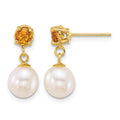 14k 7-8mm Round White FWC Pearl and Citrine Post Dangle Earrings