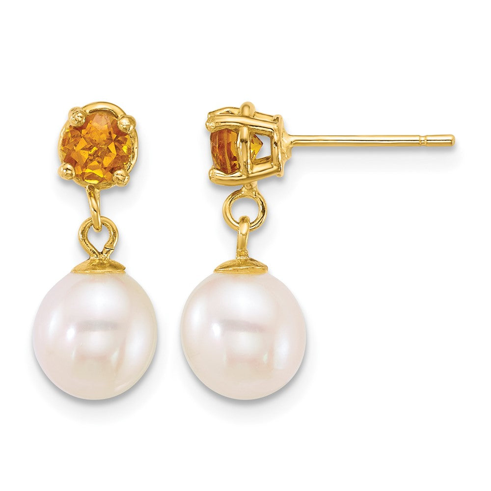 14k 7-8mm Round White FWC Pearl and Citrine Post Dangle Earrings