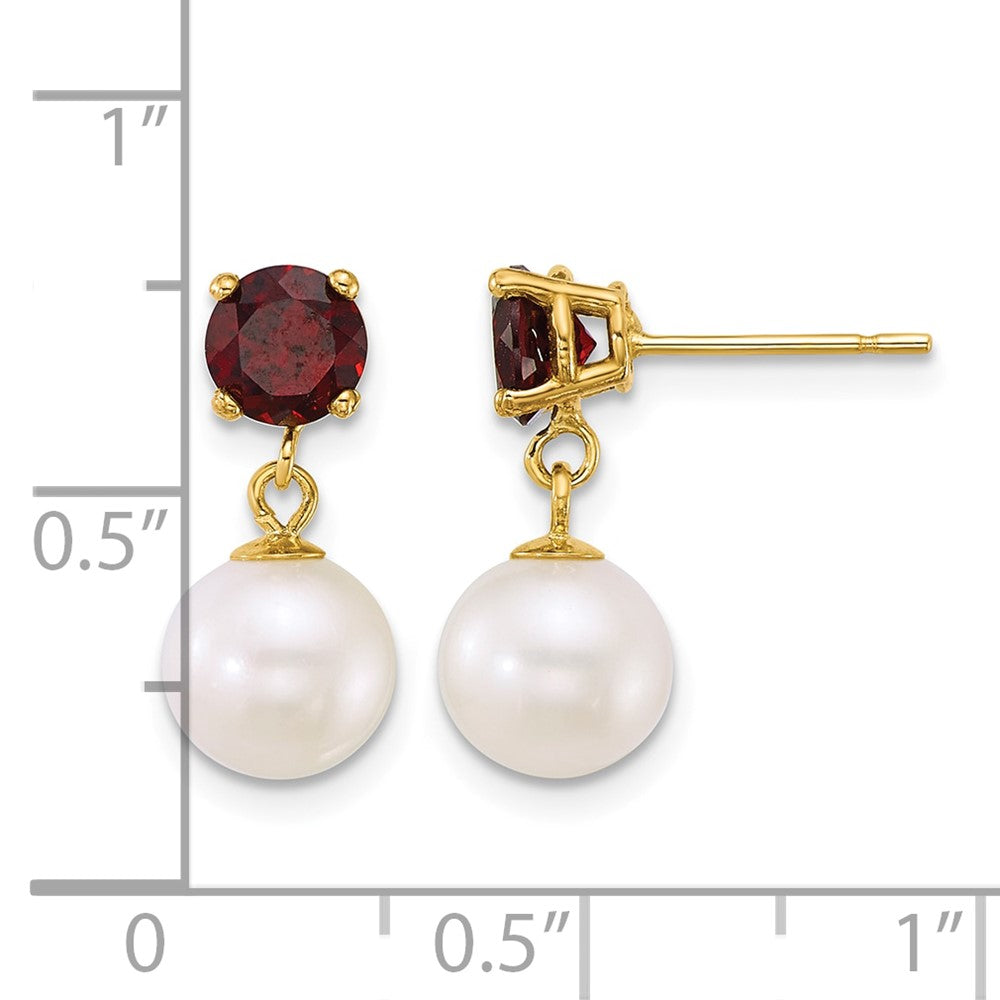14k 7-8mm Round White FWC Pearl and Garnet Post Dangle Earrings