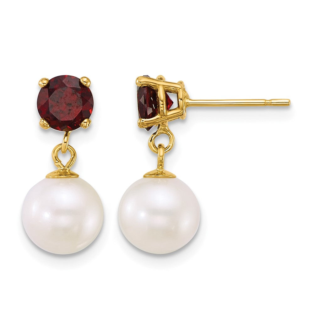 14k 7-8mm Round White FWC Pearl and Garnet Post Dangle Earrings