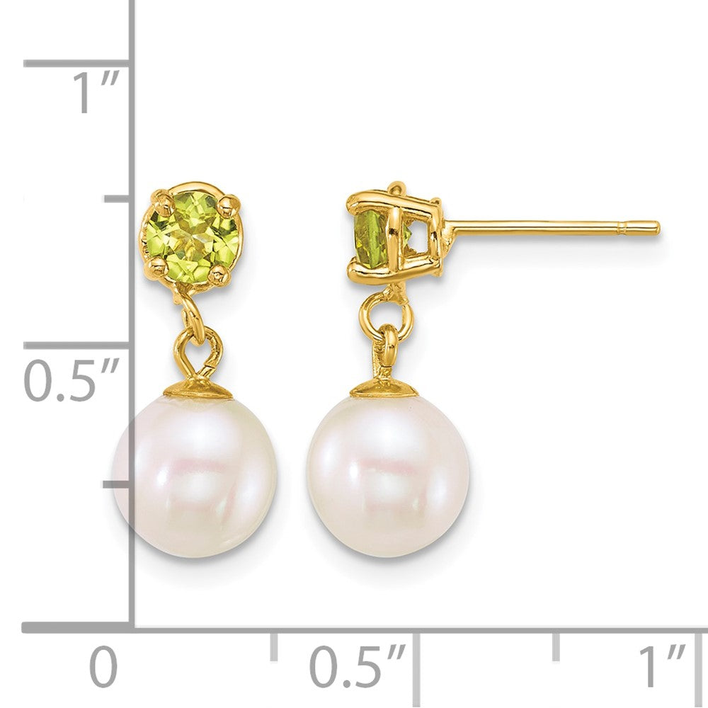 14k 7-8mm Round White FWC Pearl and Peridot Post Dangle Earrings