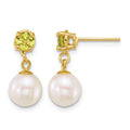 14k 7-8mm Round White FWC Pearl and Peridot Post Dangle Earrings