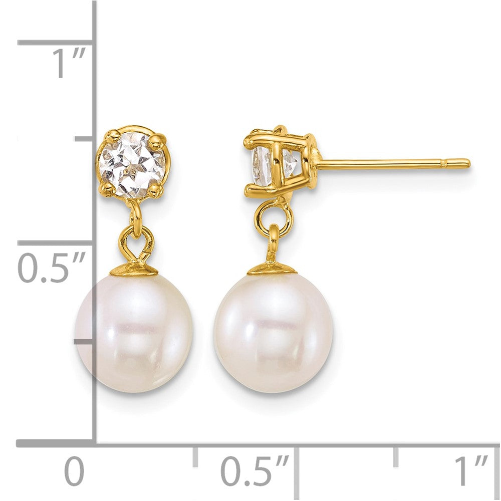 14k 7-8mm Rnd Wht FWC Pearl & White Topaz Post Dangle Earrings