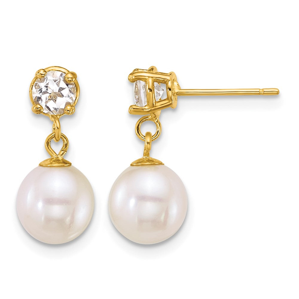14k 7-8mm Rnd Wht FWC Pearl & White Topaz Post Dangle Earrings