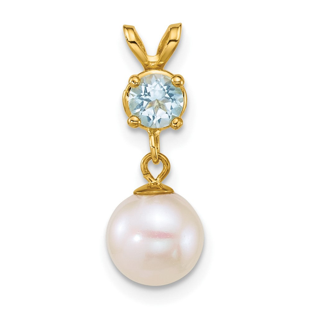14k 7-8mm Round White FWC Pearl and Blue Topaz Pendant