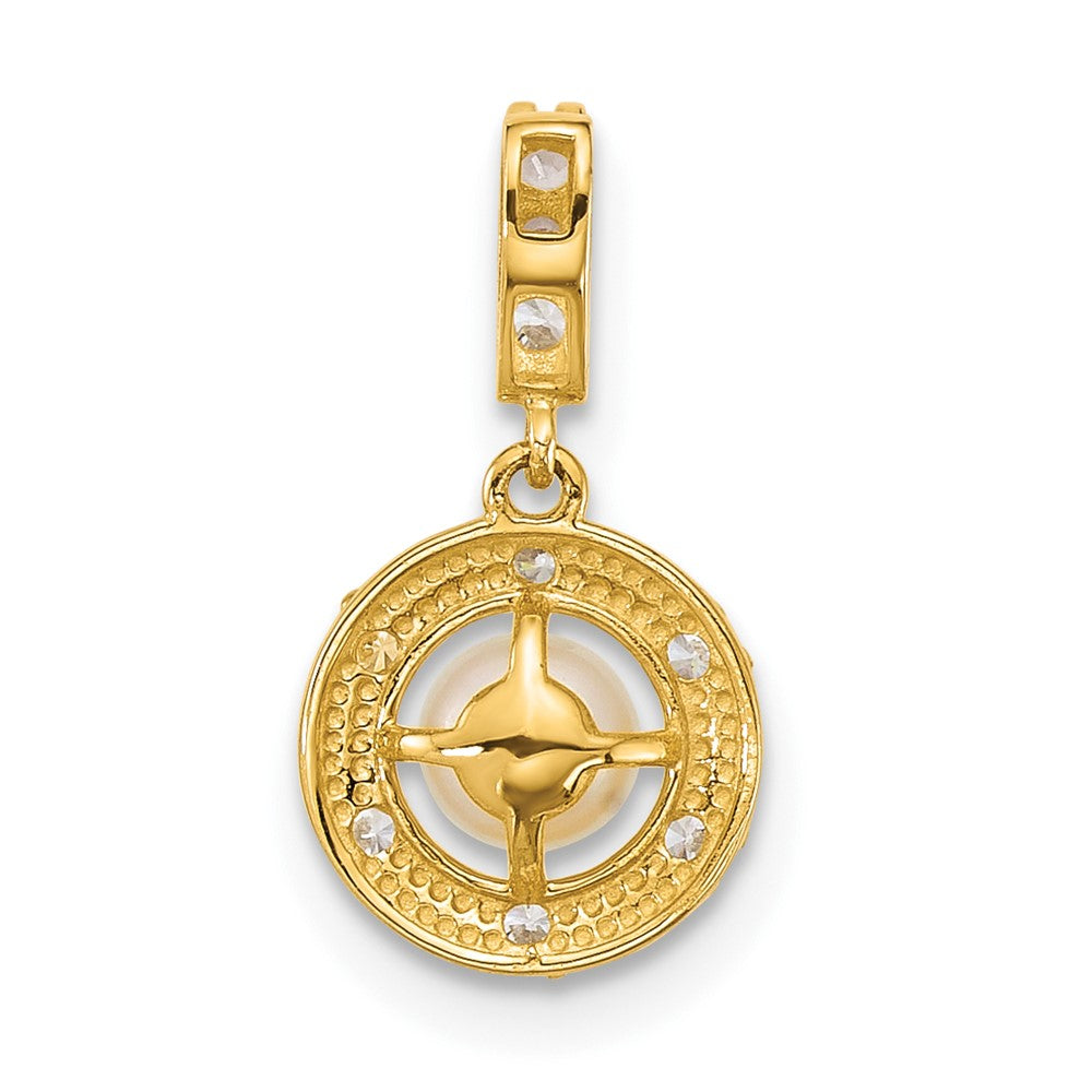 14k Polished and Grooved FWC Pearl and CZ Circle Pendant