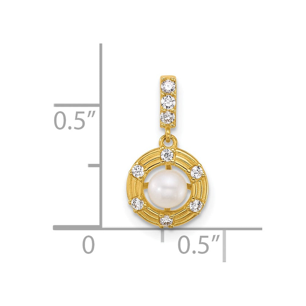 14k Polished and Grooved FWC Pearl and CZ Circle Pendant