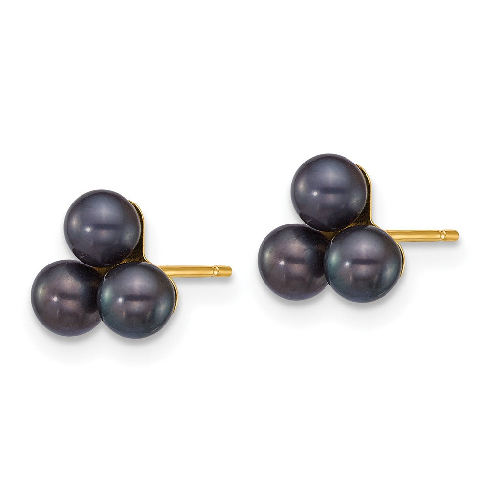 14k 3-4mm Button Black Freshwater Cultured 3 Pearl Post Earrings