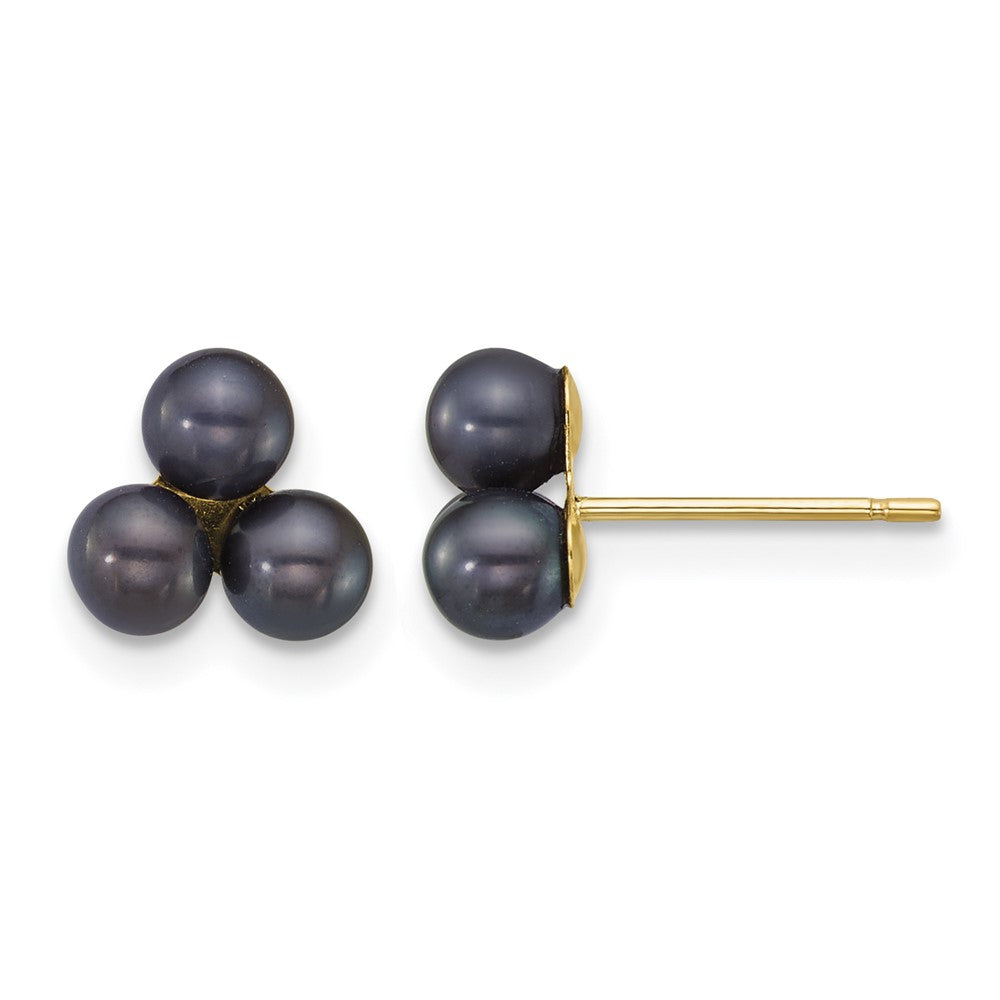 14k 3-4mm Button Black Freshwater Cultured 3 Pearl Post Earrings