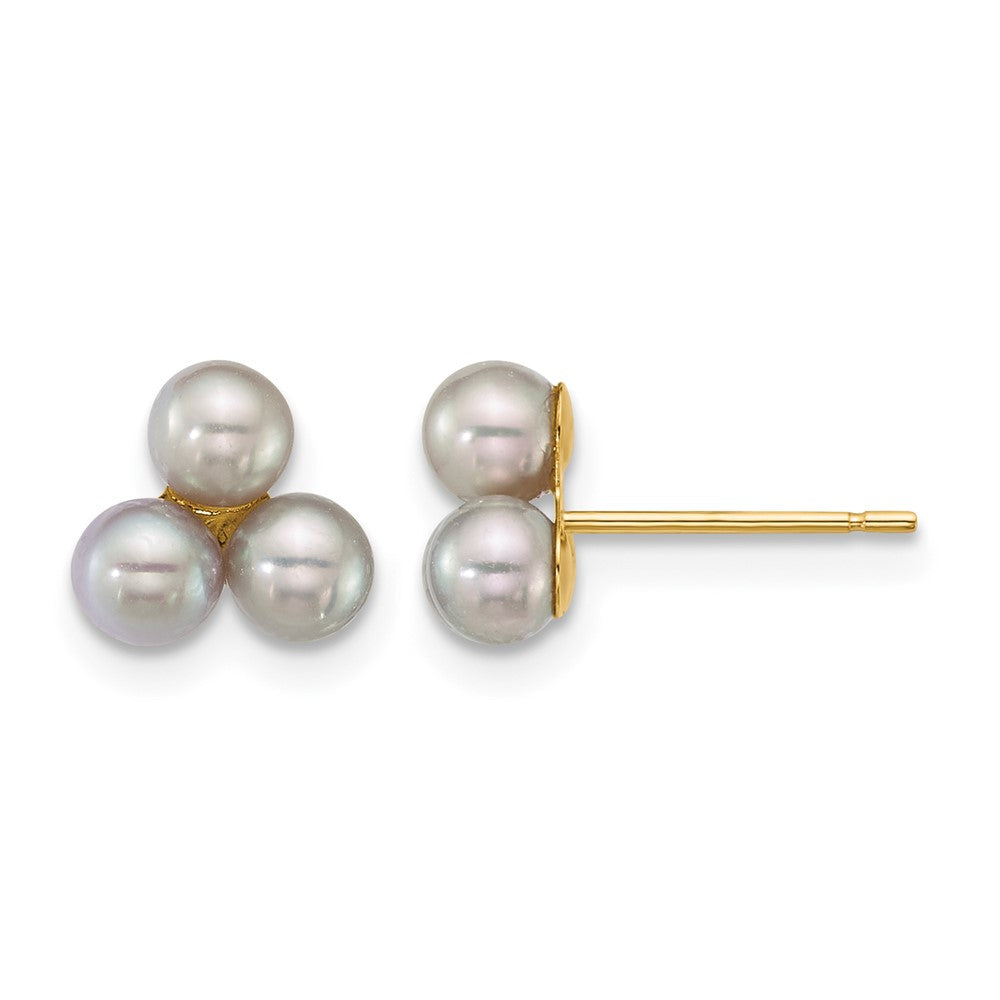 14k 3-4mm Button Grey Freshwater Cultured 3 Pearl Post Earrings