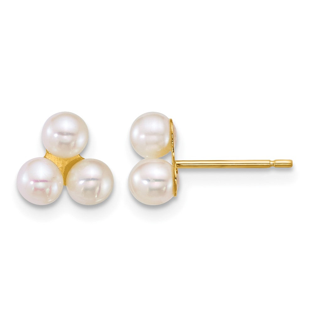 14k 3-4mm Button White Freshwater Cultured 3 Pearl Post Earrings