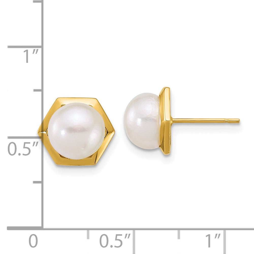 14k Polished 7-8mm Button FW Cultured Pearl Hexagon Post Earrings