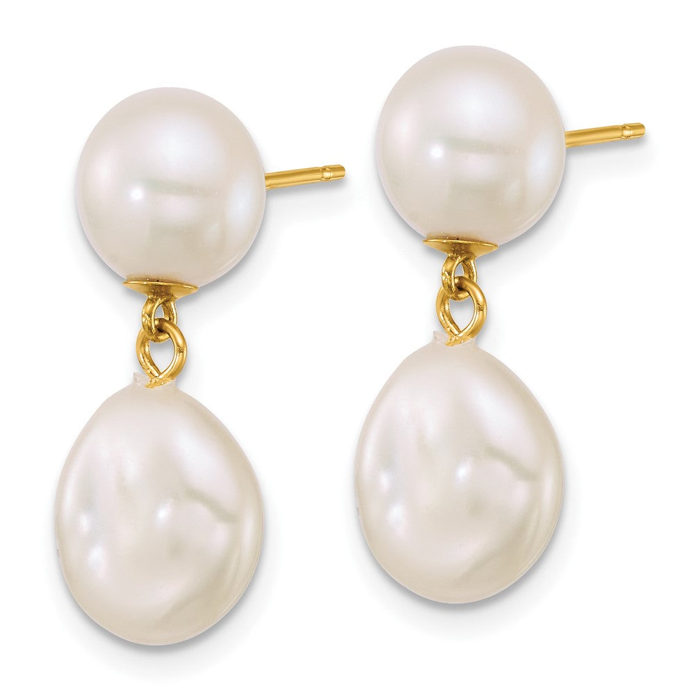 14k 7-10mm Button/Baroque White FW Cultured Pearl Post Dangle Earrings