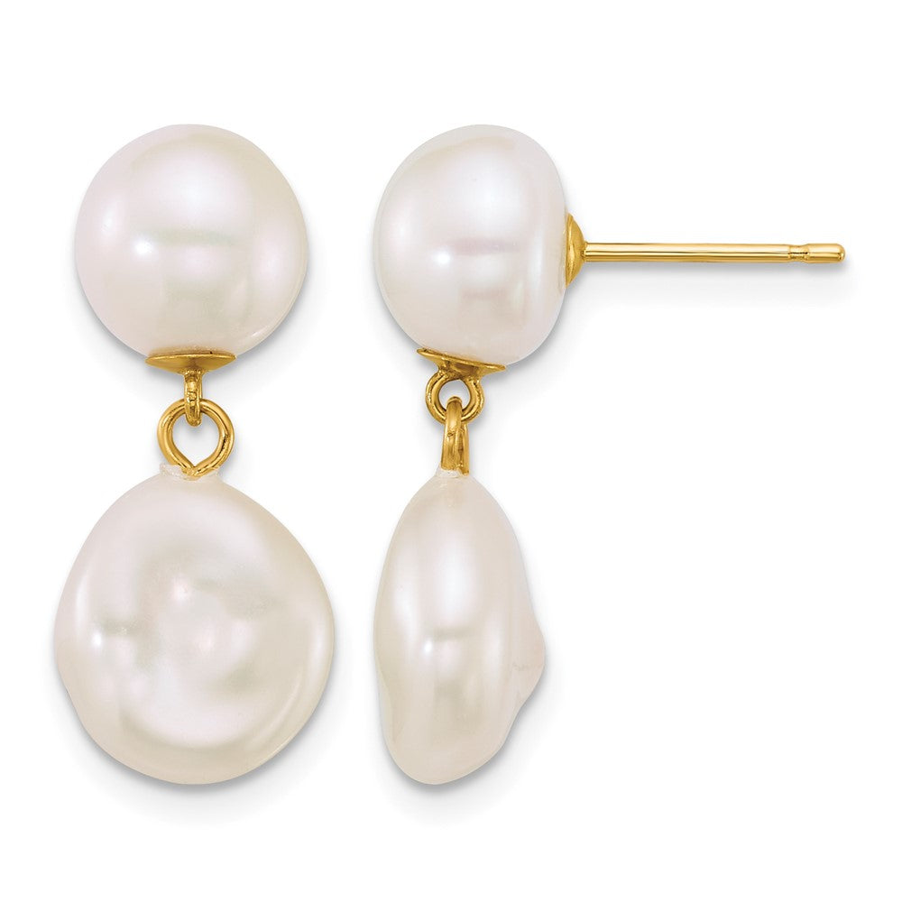14k 7-10mm Button/Baroque White FW Cultured Pearl Post Dangle Earrings
