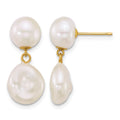 14k 7-10mm Button/Baroque White FW Cultured Pearl Post Dangle Earrings